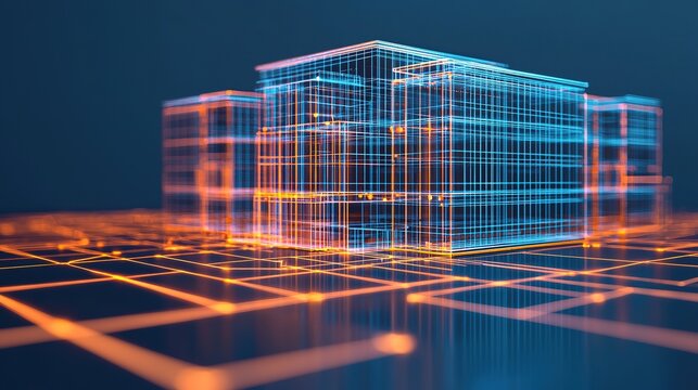A futuristic digital representation of a building, featuring vibrant blue and orange wireframe designs against a dark background.