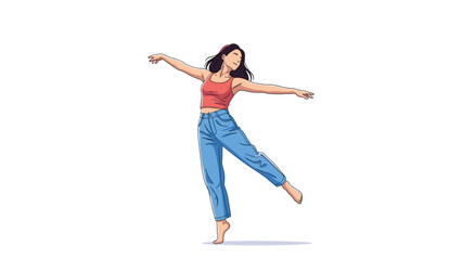 Young woman in a red tank top and blue jeans dancing or balancing gracefully on one foot against a plain white background.