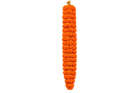 Orange marigold flower garland creating a traditional toran for indian celebrations, a symbol of auspiciousness and decoration