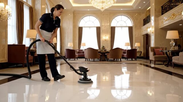 Hotel Lobby Floor Cleaning - A maid in uniform uses a floor scrubber machine to polish the marble floor in a luxurious hotel lobby.