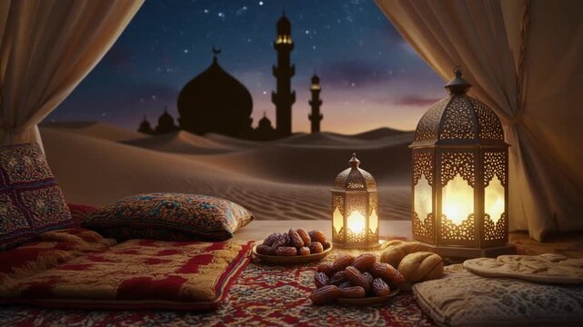 Cozy desert tent at night with glowing lanterns, patterned cushions, and tray of dates&mdash;serene scene under starry sky with mosque domes in background.
