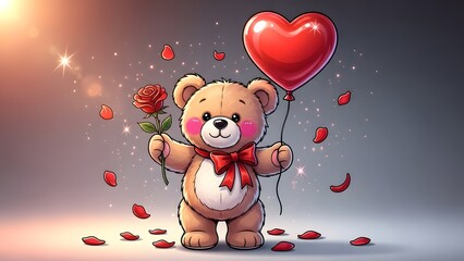 Cute teddy bear celebrating happy valentine's day with heart balloon