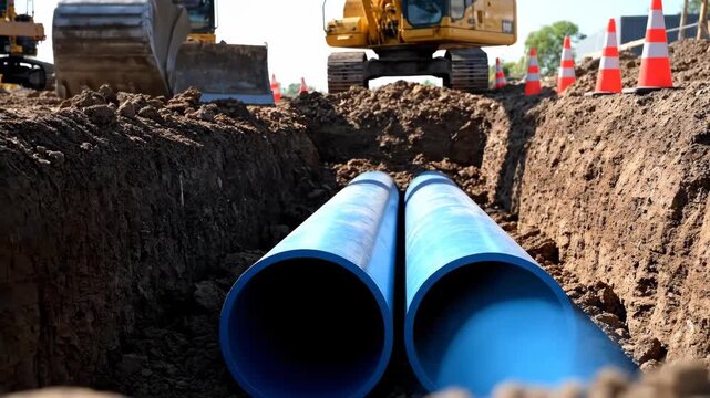 Underground Pipeline Installation - Two blue pipelines are laid in a trench at a construction site, with excavators and safety cones visible in the background.