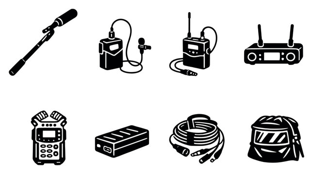 Location Sound Gear in outline style: boom pole, wireless lavalier mic, bodypack transmitter, receiver unit, field recorder, battery pack, cable organizer, rain. Vector icons