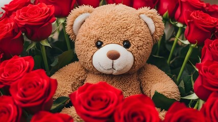 Happy valentine's day teddy bear surrounded by red roses