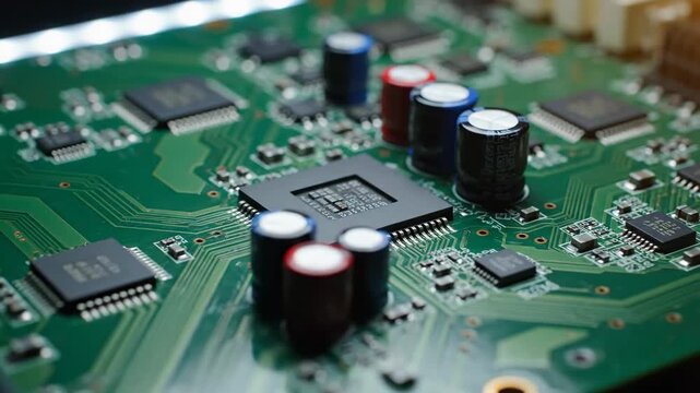 Green Circuit Board Close-Up - This video features a detailed view of a green circuit board, highlighting a central microchip and various capacitors.