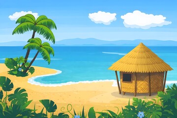 Peaceful tropical beach scene view of ocean palm trees calm summer vacation illustration background landscape
