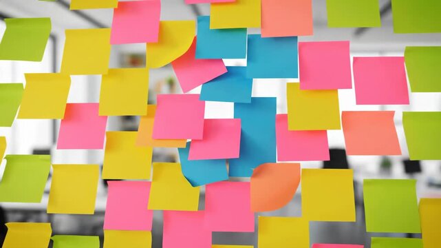 Colorful Sticky Notes on Glass - A glass wall covered with many colorful sticky notes. The notes are a mix of yellow, pink, green, and blue.