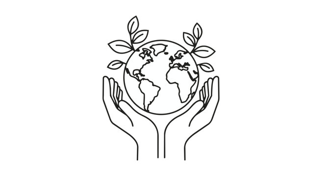 A minimalist line drawing of hands cradling the earth with leaves