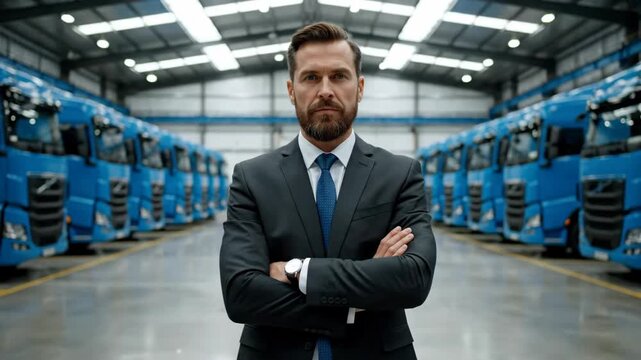 Confident Businessman in Trucking Industry - A well-dressed businessman stands confidently with arms crossed in front of a fleet of new blue trucks.