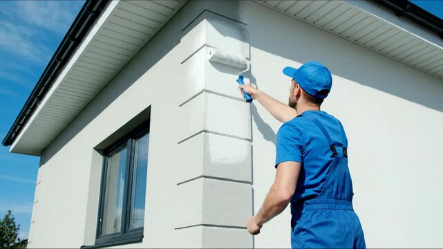 House Painter Painting Exterior Wall - A house painter in blue uniform and cap paints the exterior wall of a house with a roller. The wall is white and the sky is partly cloudy.