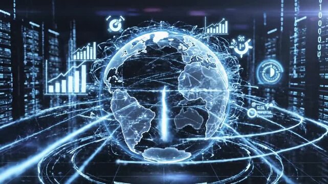 Explore digital connections and global networks through a 3D rotating globe with data visualization elements showcasing Europe and Africa