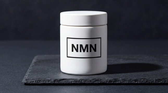 NMN supplement container, representing concepts of longevity and biohacking. White packaging and minimalistic design highlight the modern product. Image made using Generative AI.