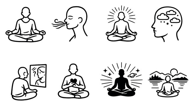 Mindful Reflection Set in outline style: seated meditation, flowing breath, inner stillness, thought observation, self inquiry, emotional grounding, awareness. Vector icons
