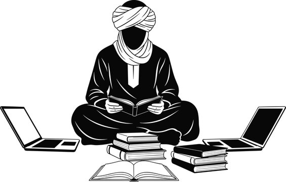 Islamic,scholar,studying,books,with,laptop,education,learning,knowledge,tradition,faith,religious,student,reading,modern,technology,illustration,vector,design,concept