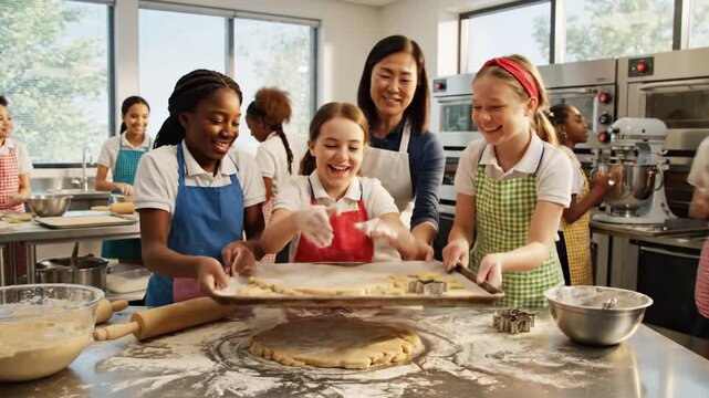 Kids learn baking skills in a cooking class at a community center in the afternoon