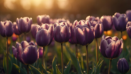 Obraz premium Vibrant field of purple tulips in golden hour light