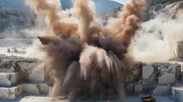 Medium shot showcasing the controlled blasting process in a marble quarry with debris and dust clouds rising against mountainous terrain