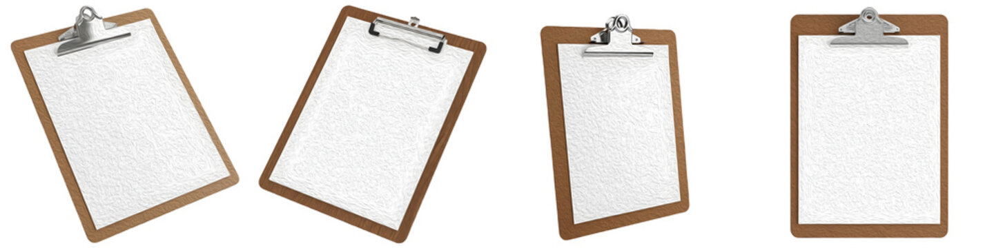 set of multiple wooden clipboards with blank white paper sheets isolated on white background PNG file ,,,,