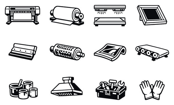 Industrial printing equipment in outline style: large format printer, wide roll media, UV curing lamps, screen printing frame, squeegee tool, gravure cylinder. Vector icons