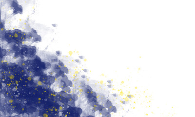 Diagonal blue watercolor splash with golden glitter effect on white
