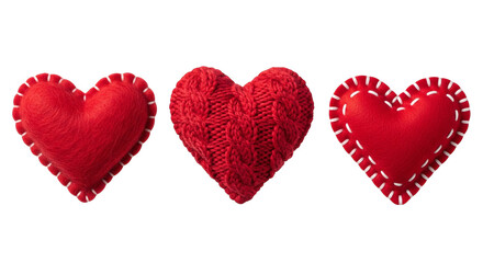 Fototapeta premium Set of Three Red Heart Shapes with Knitted and Stitched Textures