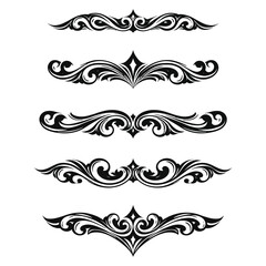 Fototapeta premium Set of five black decorative ornate flourishes borders and dividers isolated on transparent background vector illustration vintage elegant design elements for invitations cards