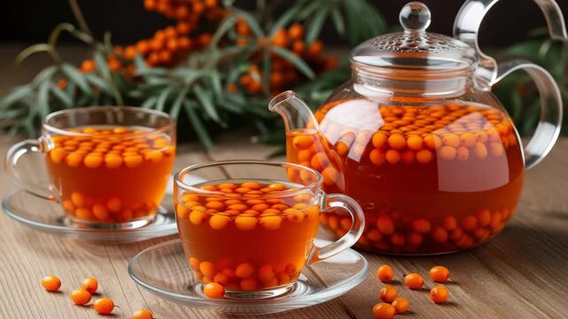 Sea Buckthorn Tea: A warm, inviting tableau of sea buckthorn tea is set, featuring a transparent glass teapot and two delicate cups. Orange-hued sea buckthorn berries float in the golden liquid.