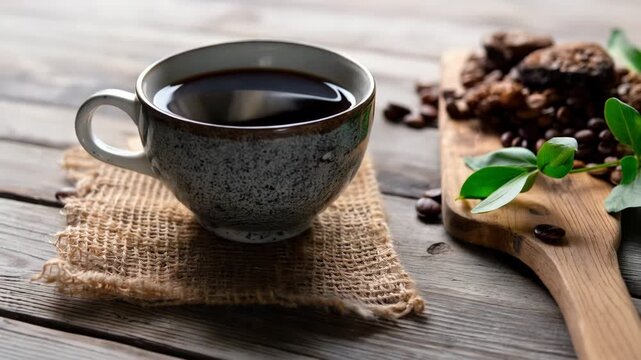 Coffee and snacks on a wooden table with a welcome back note and roasted beans during morning hours