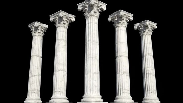 Marble Columns on Black Background - This video shows five marble columns standing in a row against a black background. The columns feature detailed capitals and fluted shafts.