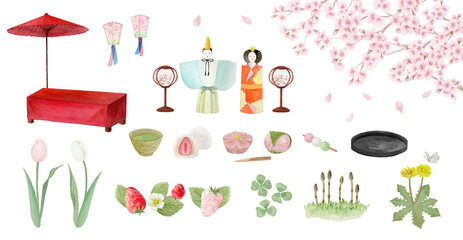 Watercolor Japanese spring clipart set. Hand-painted Hina-matsuri dolls, cherry blossoms, wagashi sweets, and spring wildflowers. High quality-300dpi-	