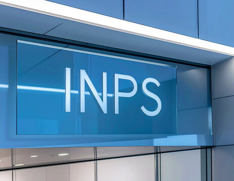 Modern INPS institutional office entrance with glass plaque, Generative AI