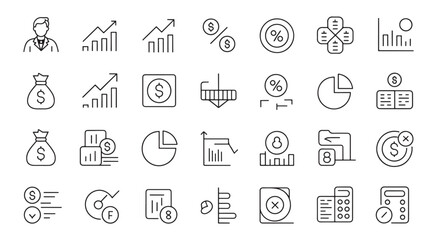 Minimalist icons representing finance, accounting, and business analytics in a clean grid layout.