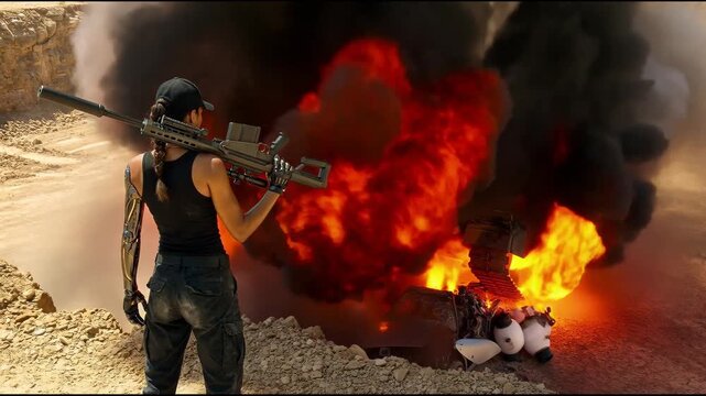 A heavy tank runs over passenger cars, which instantly crush and explode spectacularly, filling the space with fire and smoke