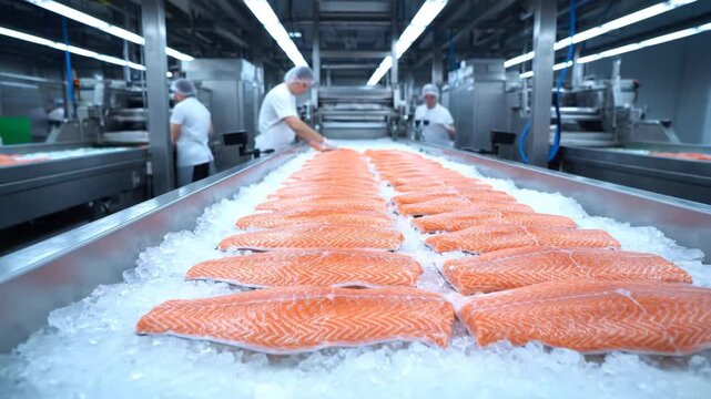 Salmon Processing Line - A processing line at a fish processing plant is shown. Salmon fillets rest on crushed ice as workers in hairnets and white coats inspect and process them.