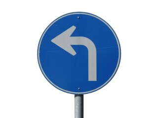 Blue road sign with white arrow pointing left and curving right