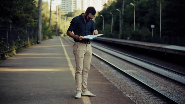 Traveler Standing on Railway Station Platform and Looking at Map.  Tourist Waiting for Train at Railroad Stop. Navigation and Travel 