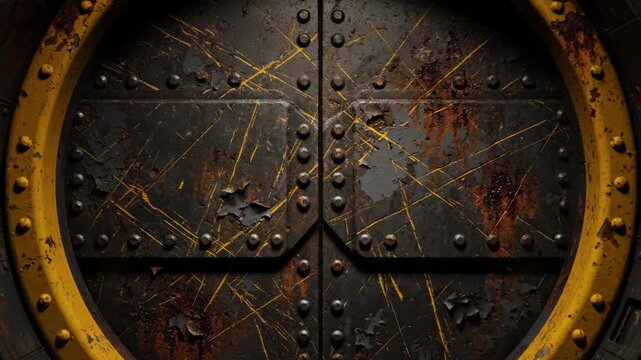 Metal Hatchway Door with Yellow Frame - A close-up of a heavy metal hatchway door shows significant wear and tear with a thick, corroded yellow frame.
