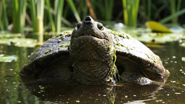 Turtle swims through water with plants on its shell in a calm area during a sunny day
