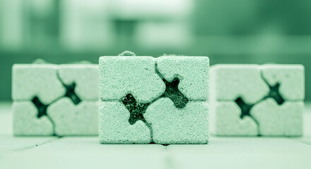 Medium depth of field showing three eco blocks in focus, rest softly fading, clean green tone
