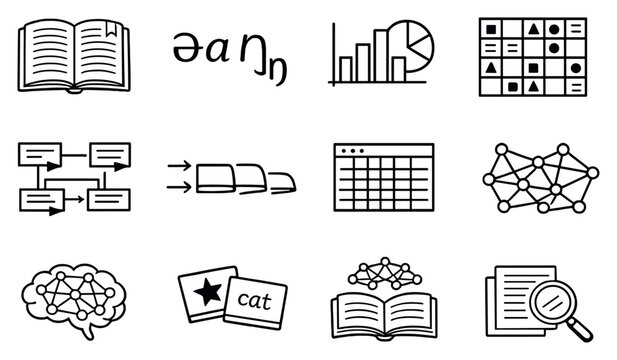 Linguistic analysis tools in outline style: dictionary page, phonetic transcription symbols, morpheme frequency chart, word pattern grid, text annotation tags. Vector icons