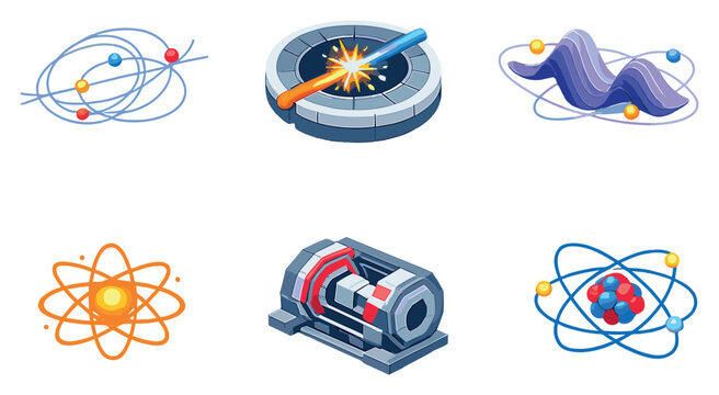 Particle Physics set of icons in flat isometric style: Particle Track, Collider, Wavefunction, Energy Symbol, Detector, Quantum Orb. Vector icons