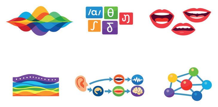 Spoken language encoding in flat style: speech waveform bands, phonetic symbol set, articulation mouth shapes, acoustic signal layers, pronunciation mapping. Vector icons