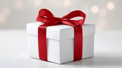 Obraz premium White gift box featuring a bright red satin bow on a soft bokeh background, representing presents, love, and joy
