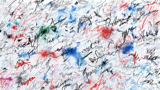 Overlapping handwritten strokes and ink splatters creating a vibrant, complex texture, symbolizing communication, chaos, and artistic expression