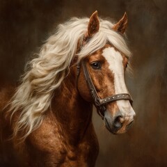 Obraz premium Beautiful brown horse with white mane in a dramatic studio portrait style full of grace.