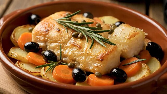 Delicious Codfish Dish with Vegetables - A close-up shot showcases a beautifully plated codfish dish served in a rustic ceramic bowl.