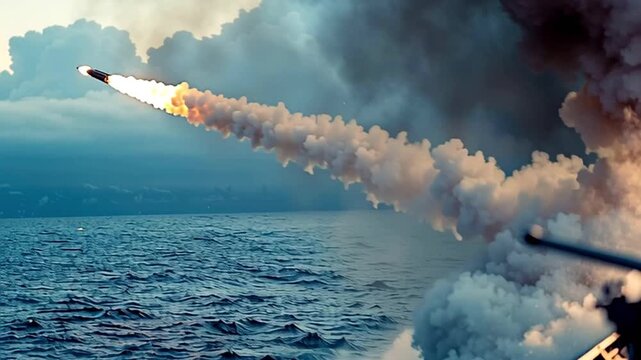 Naval destroyer firing a tomahawk missile from its deck during a military exercise at dawn, showcasing the power of modern naval warfare technology and strategic defense capabilities
