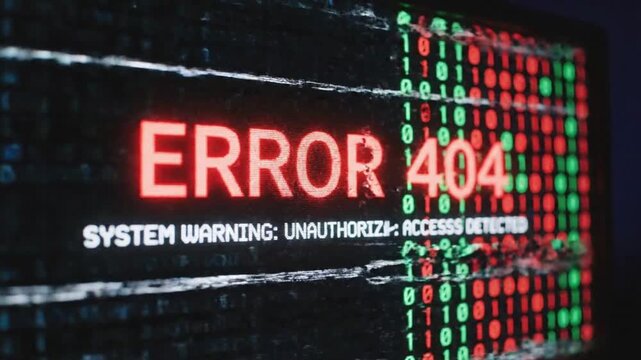 System warning display shows error 404 message with unauthorized access detected on a computer screen at night