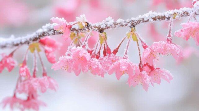 Sakura Branch Covered in Hoarfrost: delicate sakura flowers and branch adorned with a dusting of crystalline frost. The pink blossoms are subtly kissed by the winter's icy touch.